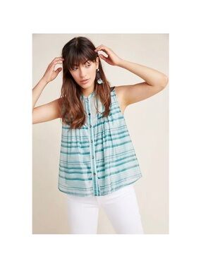 Anthropologie Current Air Teal and White Striped Sleeveless Button-Camisole